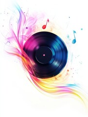 Leinwandbilder - Colorful vinyl record with musical notes and abstract patterns in vibrant hues. Generative AI