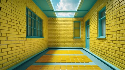 Poster - colorful interior of a modern room with yellow brick walls and blue accents, featuring large windows