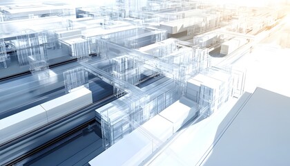 Poster - A contemporary architectural design showcasing intricate structures with a blend of transparency and modern aesthetics, creating a futuristic urban environment.