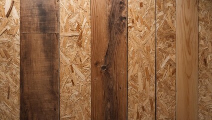 Aufkleber - Natural wood and oriented strand board texture for rustic interior design and construction backgrounds. High-quality wood paneling display.