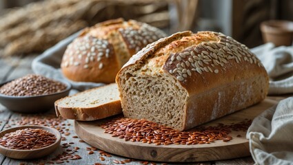 Poster - Freshly baked organic bread with flax seeds on a wooden board surrounded by flaxseed and a rustic background of grains and textures.