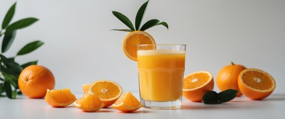 Aufkleber - Fresh Orange Juice Glass Surrounded By Juicy Oranges And Slices On Clean White Background With Green Leaves For Refreshing Drink Concept