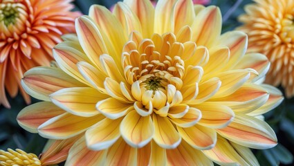 Poster - Vibrant Yellow and Orange Chrysanthemum Flower Bloom Close-Up Showcasing Intricate Petal Patterns in Selective Focus Natural Beauty
