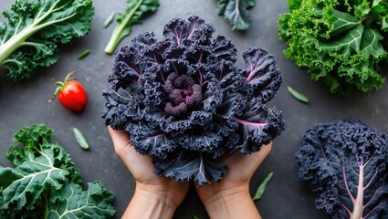 Poster - Vibrant Raw Red Kale Held in Hands Surrounded by Fresh Greens and Strawberry Against Dark Background with Space for Text