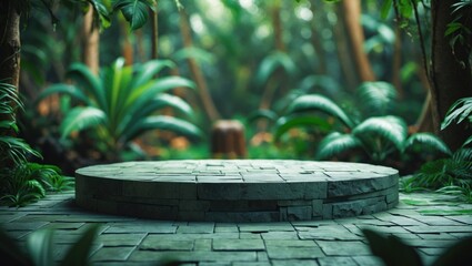 Aufkleber - Stone podium in lush tropical garden with blurred greenery, ideal for product display and showcasing natural elements in a serene setting.