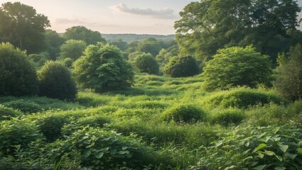 Poster - Lush Overgrown Summer Landscape Featuring Dense Greenery and Vibrant Natural Scenery Under Soft Evening Light