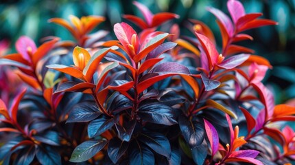 Poster - Colorful foliage of Loropetalum chinensis Black Pearl showcasing vibrant leaves in shades of red and purple in a lush garden setting.