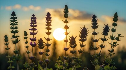 Aufkleber - Silhouettes of ornamental herbs against a vibrant sunset sky highlighting the beauty of nature's tranquility and floral diversity.