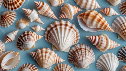 Poster - seashells arranged gracefully in shallow water top view with soft blue background and space for text