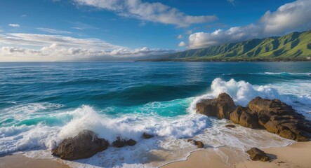 Aufkleber - Tranquil Pacific Ocean coastline featuring gentle waves, rocky shores, and lush green mountains under a clear blue sky.