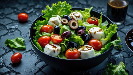 Poster - Fresh salad with cherry tomatoes, mozzarella, olives, and green lettuce drizzled with balsamic dressing in a stylish black bowl on textured background.