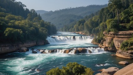 Poster - Majestic Oulanka River with cascading rapids surrounded by lush greenery in a serene national park landscape.