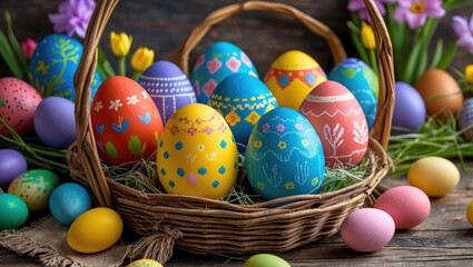 Aufkleber - Colorful Easter eggs arranged in a basket with traditional Ukrainian cross stitch patterns on a rustic wooden background.