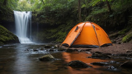 Poster - Camping Tent Beside Serene Waterfall in Lush Green Forest Landscape