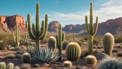 Poster - Diverse Landscape of Cacti and Desert Flora Against Rocky Mountains in Scenic Desert Environment