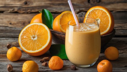 Aufkleber - Refreshing Orange Smoothie Surrounded by Fresh Oranges on Rustic Wooden Surface