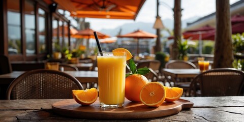 Aufkleber - Refreshing Orange Juice Served in Outdoor CafÃ© with Sliced Oranges and Empty Space for Branding or Text Display