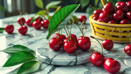 Poster - Fresh Red Cherries with Leaves on Marble Surface and Yellow Basket in Background Ideal for Summer Food and Healthy Lifestyle Concepts.