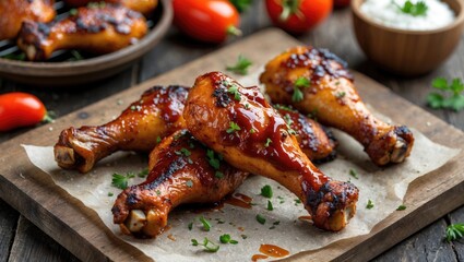 Poster - Delicious Paleo BBQ Chicken Drumsticks on Rustic Wooden Table with Fresh Ingredients and Space for Text Overlay