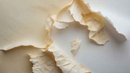 Leinwandbilder - wrinkled textured paper background with torn edges showcasing soft cream and white tones for artistic or design purposes