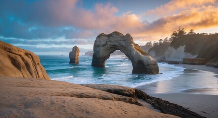 Aufkleber - Coastal Landscape Featuring Arch Rock at Sunset with Dramatic Skies and Gentle Waves on the Pacific Ocean Shoreline