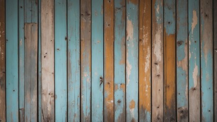 Poster - Weathered wooden wall with peeling paint in blue and orange tones, creating a rustic textured background for design projects.