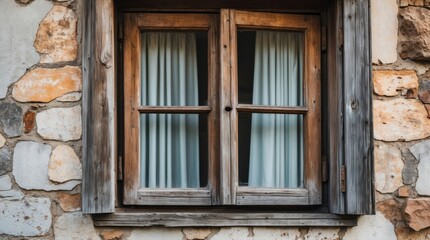 Poster - Classic rustic wooden window with stone wall background and sheer curtains creating a cozy and inviting atmosphere in architectural design.