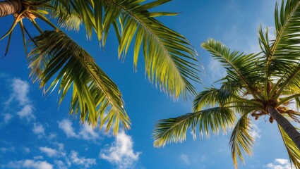 Poster - Lush Palm Fronds Against a Bright Blue Sky Capturing Tropical Paradise and Serenity in Nature