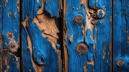 Poster - Weathered Blue Stained Pinewood Planks with Cracks and Knots Creating a Unique Grunge Texture Ideal for Backgrounds and Design Projects