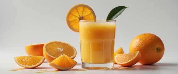 Aufkleber - Refreshing glass of orange juice surrounded by fresh orange slices and whole oranges on a clean white background with ample space for text.