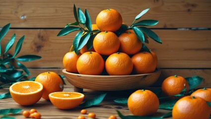 Aufkleber - Fresh oranges arranged in a wooden bowl with green leaves on a rustic wood background showcasing vibrant colors and copy space.