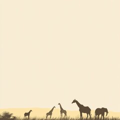Fototapete - Giraffes and elephants standing in a serene savanna landscape at dusk with a warm golden backdrop. Generative AI
