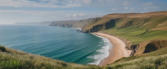 Poster - Stunning Coastal Landscape with Rolling Hills and Serene Blue Waters under a Clear Sky