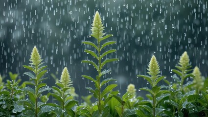 Poster - Ornamental plant thriving in soft rain with droplets on leaves creating a refreshing and serene natural atmosphere
