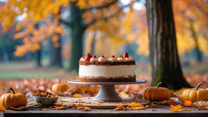 Poster - Autumn Outdoor Still Life Featuring Delicious Cake Surrounded By Colorful Leaves And Pumpkins With Space For Custom Text