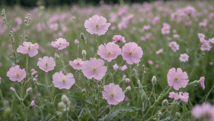 Poster - Pale Pink Wild Mallow Flowers Blooming in a Summer Meadow Surrounded by Lush Greenery and Soft Natural Light