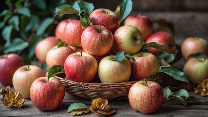 Aufkleber - Freshly Harvested Organic Apples in a Rustic Setting with Green Leaves and Decorative Floral Accents on Wooden Background