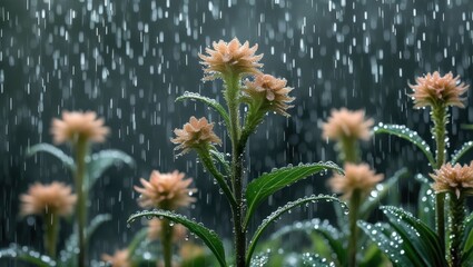 Poster - Delicate ornamental plants surrounded by raindrops create a serene and refreshing atmosphere in a natural setting.