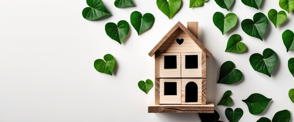 Poster - Wooden House Surrounded By Green Heart Shaped Leaves On White Background With Space For Your Text Or Creative Design Elements