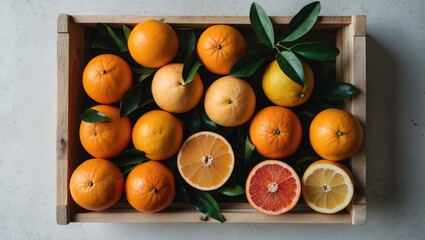 Aufkleber - Citrus Fruits Arrangement in Wooden Crate with Green Leaves Fresh Oranges Grapefruit and Lemon on Light Background