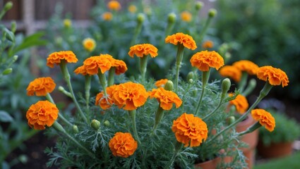 Poster - Vibrant orange marigold flowers blooming in a lush green garden setting showcasing their beauty and rich colors.