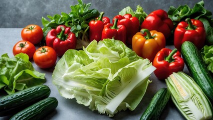Poster - Fresh Organic Vegetables Arrangement for Healthy Salad Preparation Including Tomatoes, Peppers, Cucumbers, and Iceberg Lettuce on Gray Table.