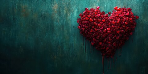 Wall Mural - Heart made of red hearts against a textured teal background for romantic decoration