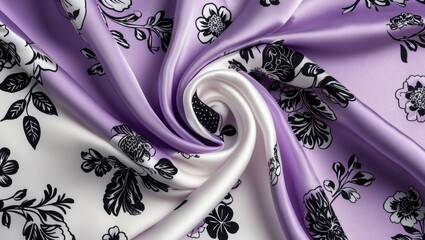 Poster - Lilac and white silk fabric with floral black print elegant texture background ideal for design and advertising with space for text.