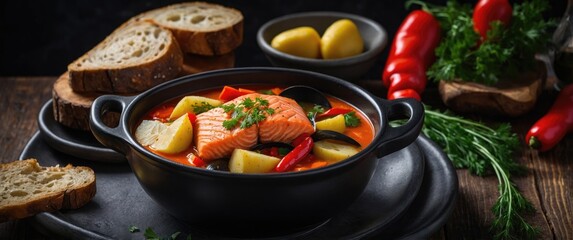 Poster - Salmon fish soup with carrots, potatoes and red peppers served in a black bowl on a wooden table with bread and herbs for a delicious meal.