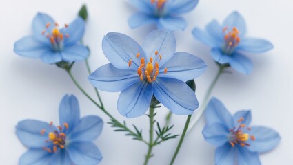 Poster - Delicate Close-Up of Mountain Centaury Flowers in Soft Blue with Orange Stamens on White Background Ideal for Nature and Floral Themes