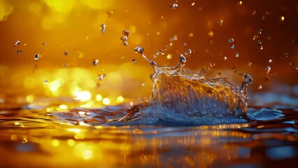 Poster - A dynamic splash of golden water captured mid-motion, reflecting warm golden light