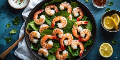 Poster - Shrimp Salad with Fresh Greens and Lemon Slices on Dark Background Perfect for Food Advertisements or Culinary Blogs