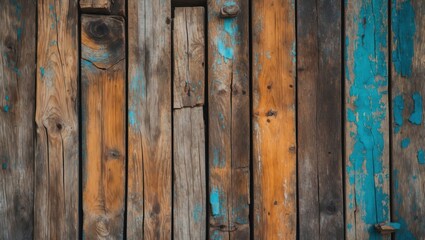Poster - Vintage wooden wall with varying tones of brown and blue peeling paint suitable for rustic design backgrounds or decor applications.