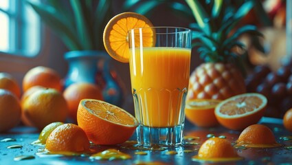 Poster - Refreshing Orange Juice Served in Glass with Fresh Oranges and Pineapple in Bright, Vibrant Kitchen Setting